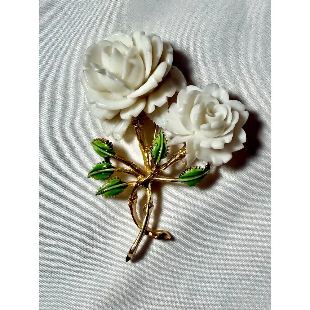 Vintage FELI White Rose Floral Brooch Gold Tone Enamel Leaves